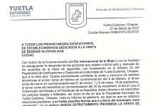 Aplicarán Ley Seca en Tuxtla Gutiérrez por el Día Internacional de la Mujer