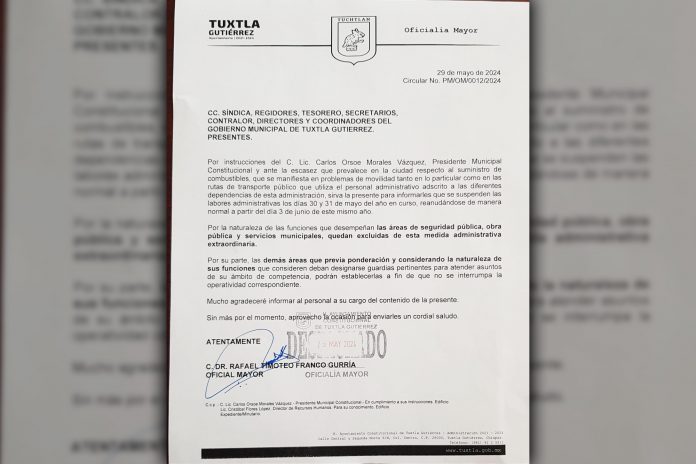 Tuxtla Oficio ayuntamiento suspension servicios
